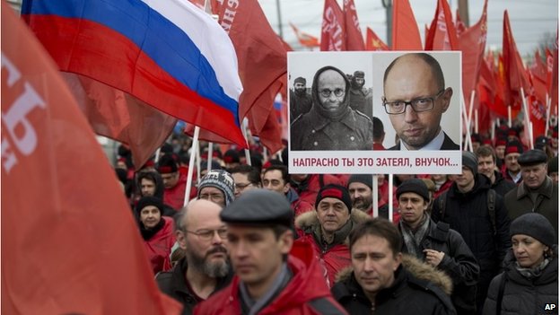 Demonstrators march in support of President Putin's policies on Crimea.