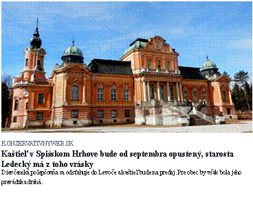 Textov� pole:    KONZERVATIVNYWEB.SK  Ka�tie� v Spi�skom Hrhove bude od septembra opusten�, starosta Ledeck� m� z toho vr�sky  Diev�ensk� polep�ov�a sa ods�ahuje do Levo�e a ka�tie� bude na predaj. Pre obec by v�ak bola jeho prev�dzka drah�.  